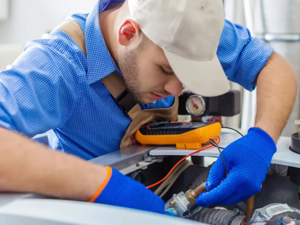 A man in a blue shirt and blue gloves working on a machine