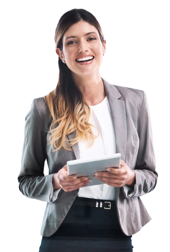 Picture of woman in grey with a virtual assistants for marketing book