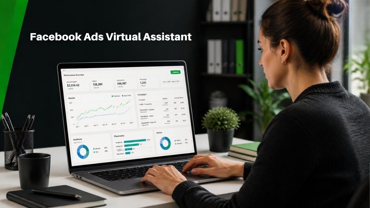 Facebook ads virtual assistant managing ad campaigns and reviewing performance metrics