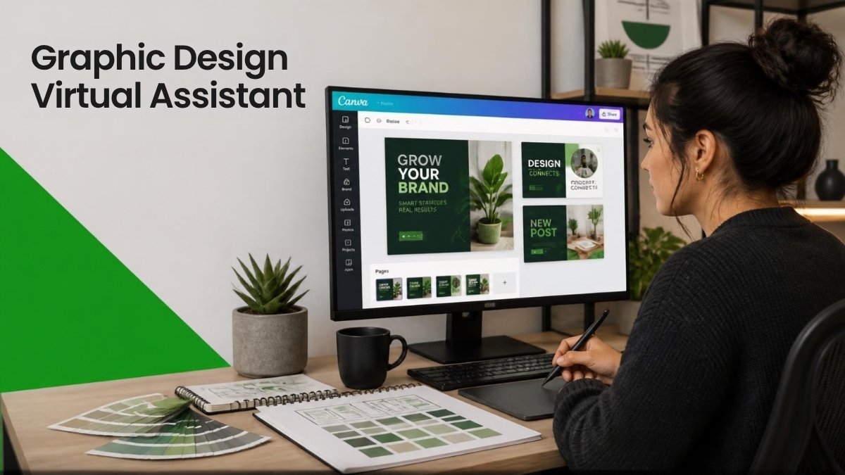 Graphic design virtual assistant creating branded social media graphics in Canva