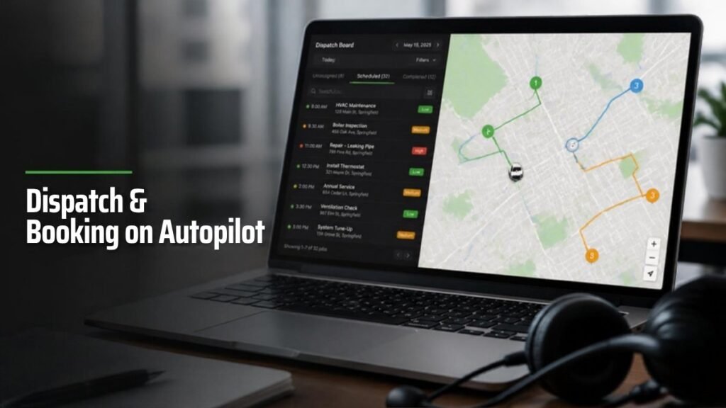 Home services virtual assistant dispatching plumbing and HVAC technicians on a dispatch board