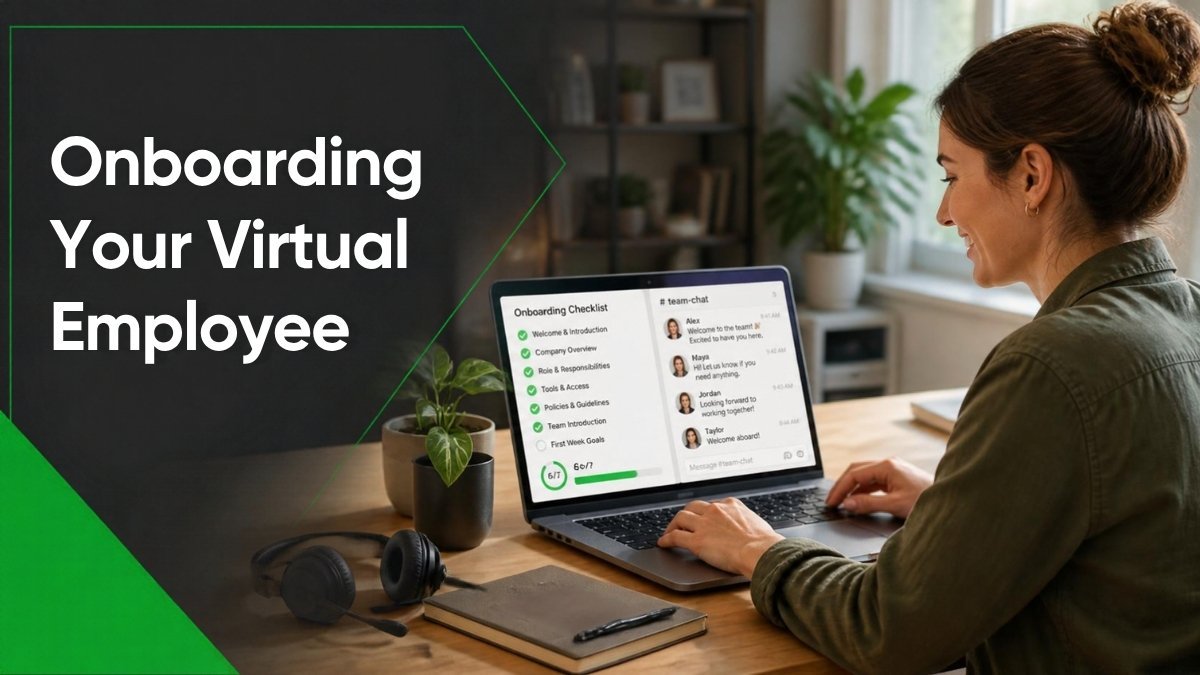 Remote virtual employee following an onboarding checklist on their first day