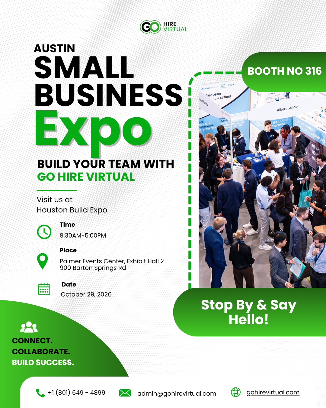 Promotional poster for Austin Small Business Expo by Go Hire Virtual, featuring Booth No. 316 and event details like time, date, and venue.