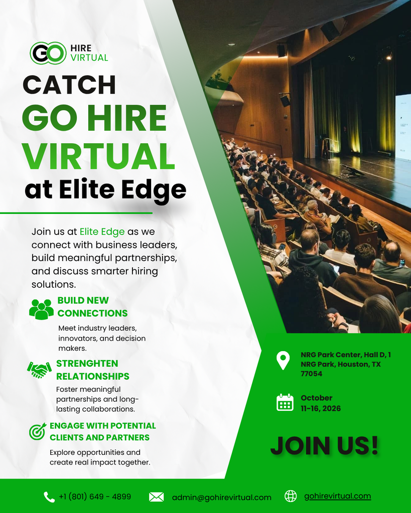 Promotional flyer for Go Hire Virtual at Elite Edge, showing bold green text and a conference audience on the right, with event details and a 'Join Us' message.