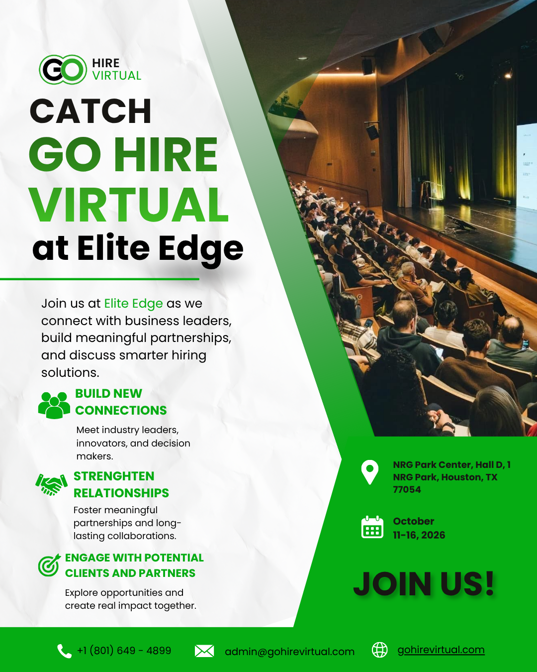 Promotional flyer for Go Hire Virtual at Elite Edge, showing bold green text and a conference audience on the right, with event details and a 'Join Us' message.