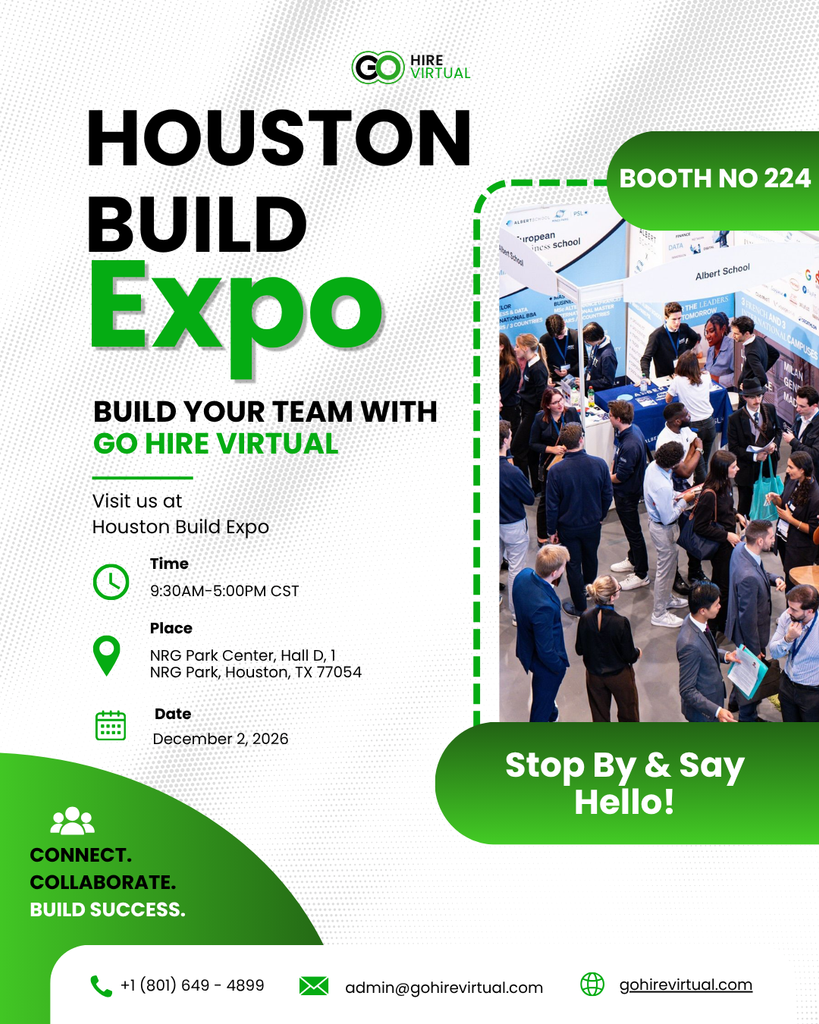 Poster for Houston Build Expo featuring Go Hire Virtual with Booth No. 224, large 'Expo' text in green, and a right-side photo of a crowded expo hall; includes event details and contact info at the bottom.