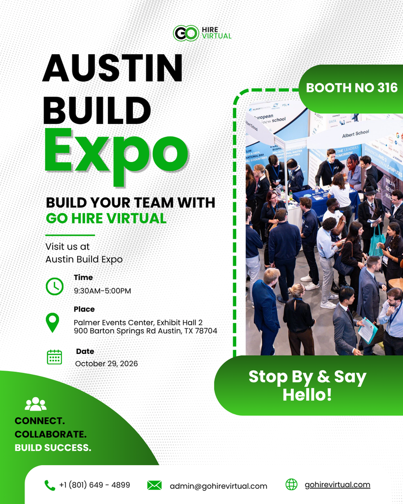 Promotional poster for Austin Build Expo by Go Hire Virtual, featuring booth 316 and a crowd at a conference expo hall.