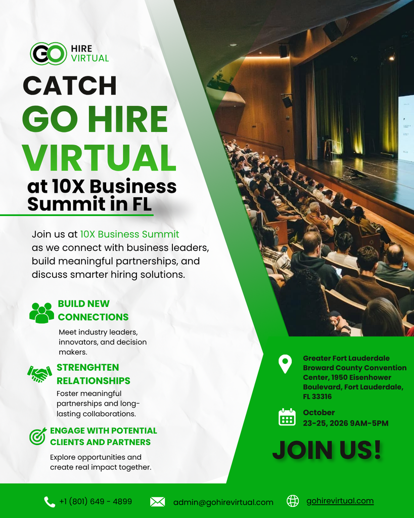 Promotional flyer for GO HIRE VIRTUAL at the 10X Business Summit in FL, with event details, dates, and a photo of an auditorium on the right.