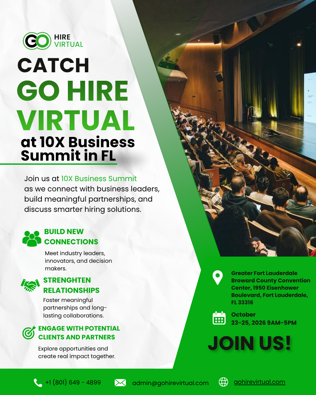 Promotional flyer for GO HIRE VIRTUAL at the 10X Business Summit in FL, with event details, dates, and a photo of an auditorium on the right.