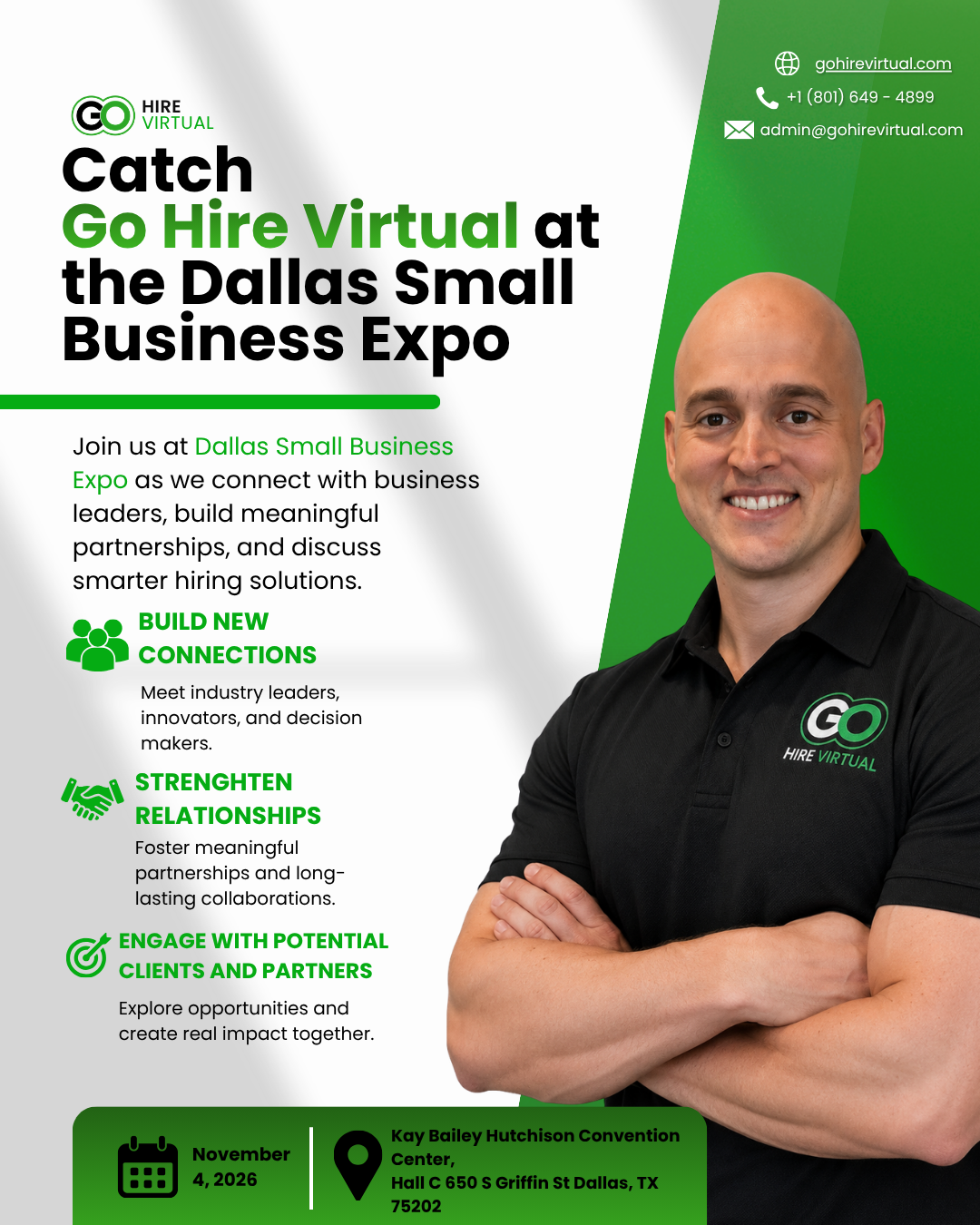 Promotional poster for Go Hire Virtual at the Dallas Small Business Expo, featuring a man in a black polo on the right and bold green/black text on the left with event details at the bottom.